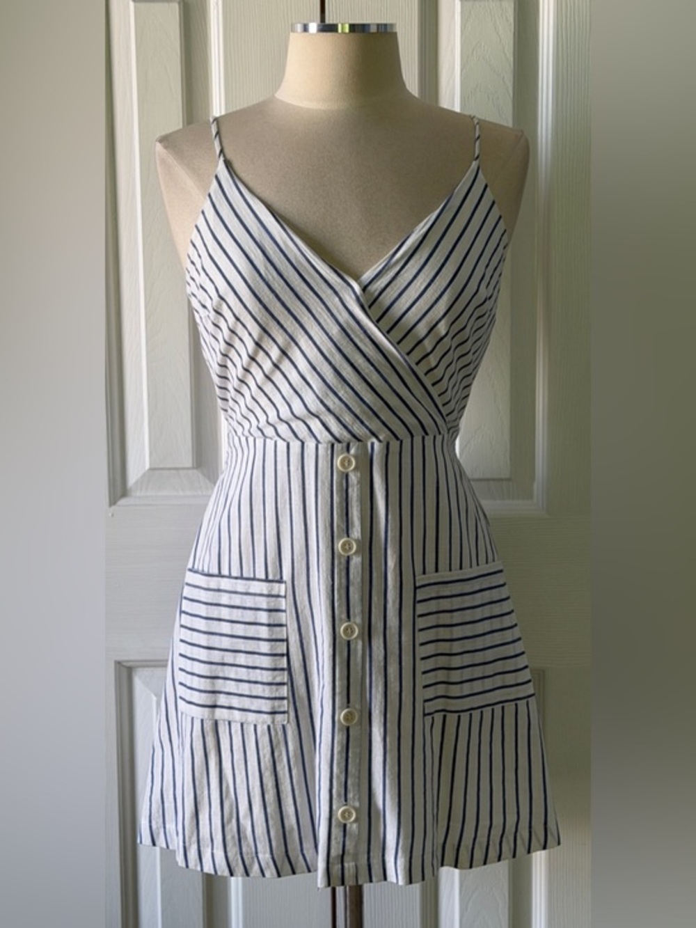 Mahina Blue & White Striped Wrap Romper Size M Cotton Adjustable Straps Pockets